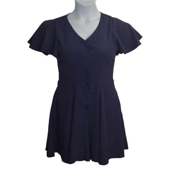 VINTAGE 90s navy blue flutter sleeve button up flowy corset back romper S - Picture 1 of 10